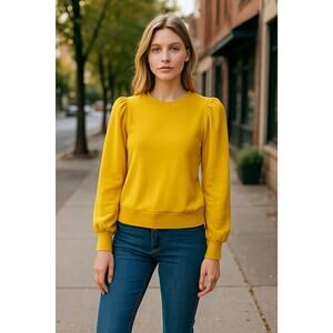 Boden Puff Sleeve Sweater Top Size US 10 Yellow Fall Preppy Pullover Crew Neck